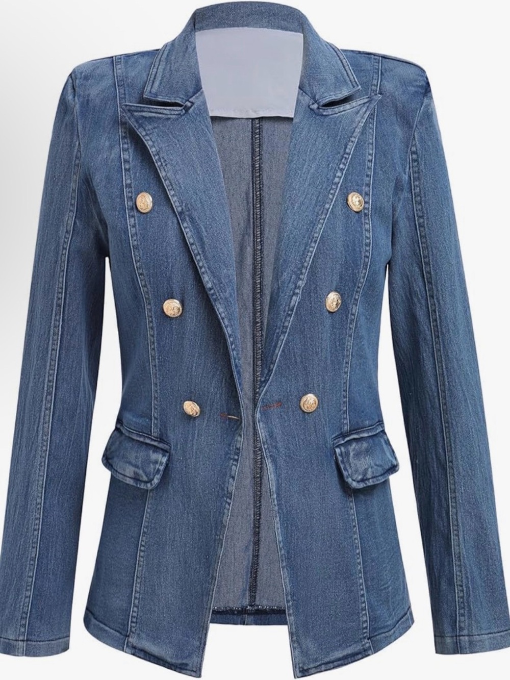 Double-Breasted Blue Denim Blazer Jacket